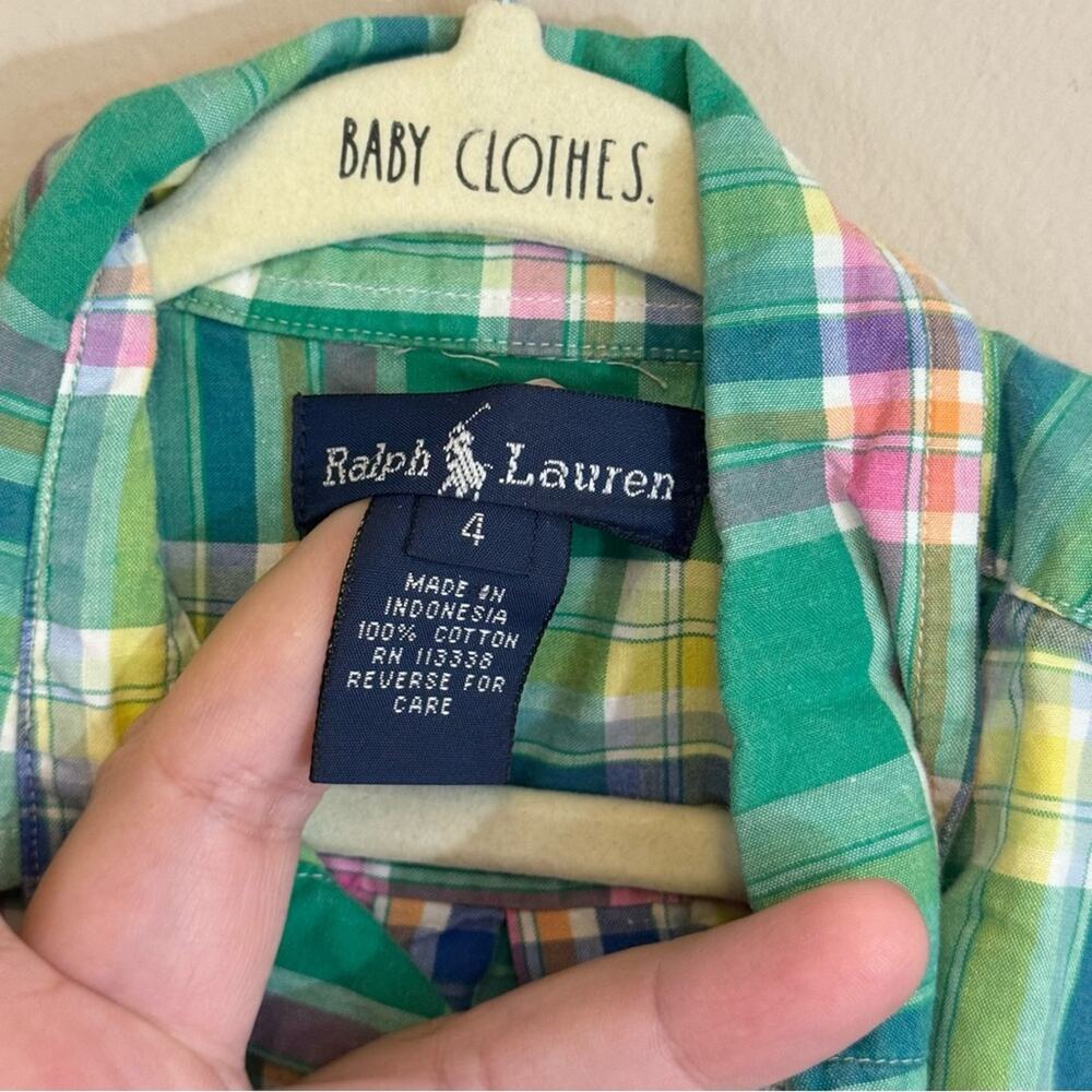 Ralph Lauren Boys Green Pink Plaid Long Sleeve Button Down Shirts Size 4 - Picture 3 of 5